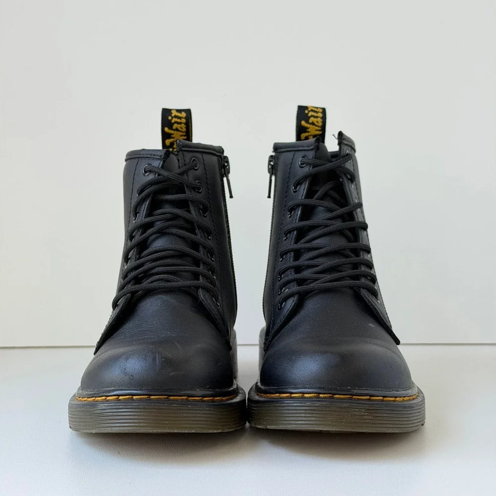 Dr. Martens 1460 J Lace Up Boots Kids Size 2 Black Leather Side Zip Combat Boots